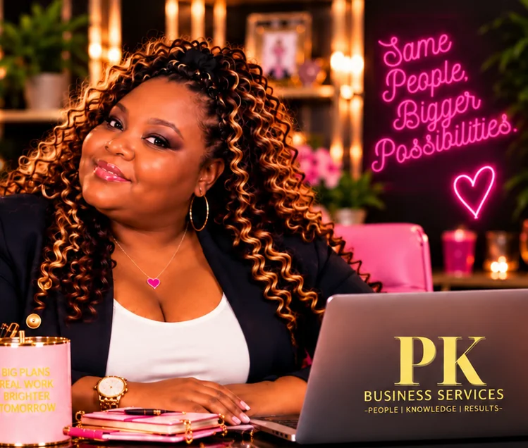 PK of PK Business Services at her desk, smiling, with a laptop and her signature pink and gold workspace.
